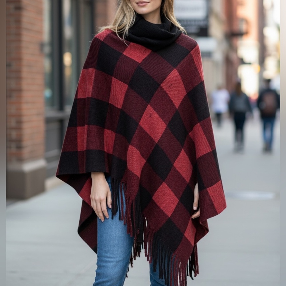 NEW• Kimberly C Red & Black Plaid Fringe Poncho•OS-2X